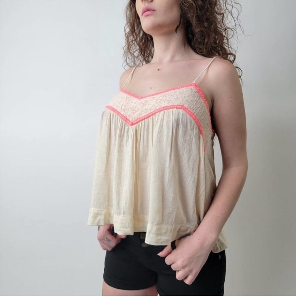 Cream Camisole with Pink Ruched Neckline and Spaghetti Straps